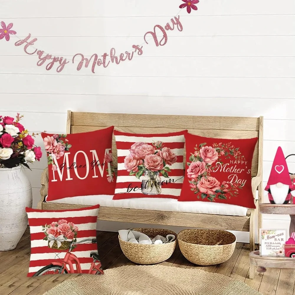 MOM Floral Throw Pillow Covers Set of 4 17x17.5 Red Farmhouse Pillow Covers Only